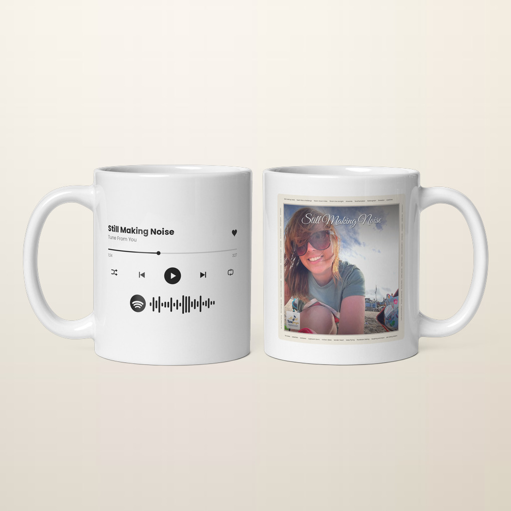 11oz white ceramic mug printed with a personalised song cover artwork