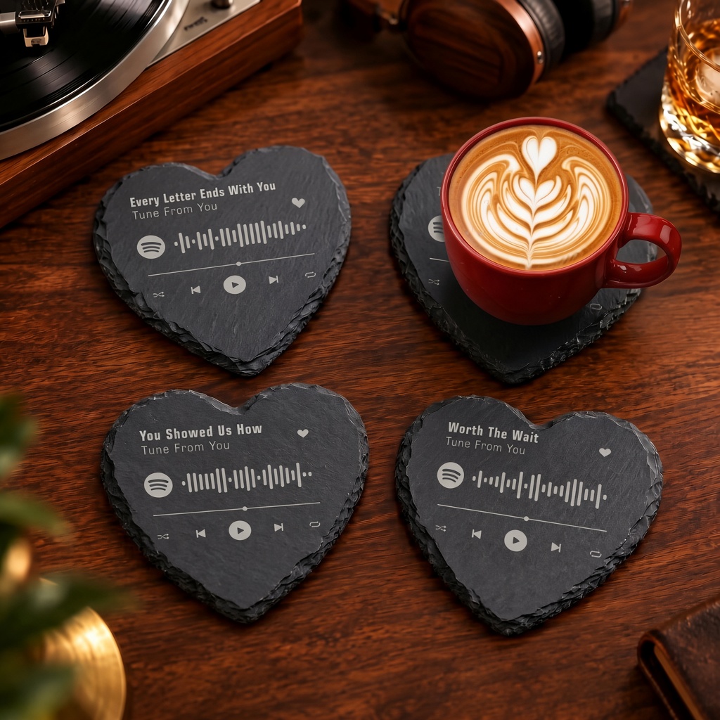Heart-shaped slate coasters engraved with a music-player design, song title and Spotify code
