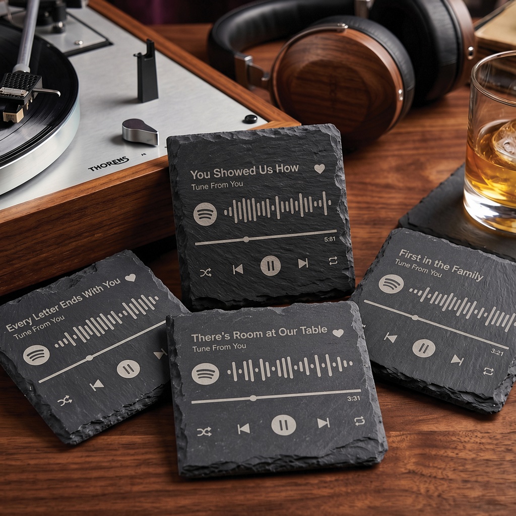 Square slate coasters engraved with a music-player design, song title and Spotify code