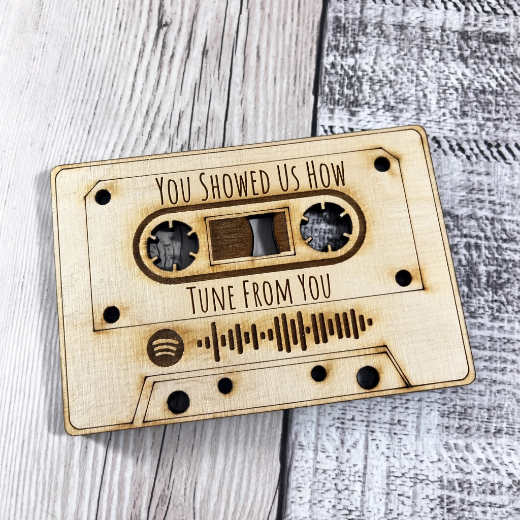 Wooden cassette plaque engraved YOU SHOWED US HOW and TUNE FROM YOU, with a Spotify code