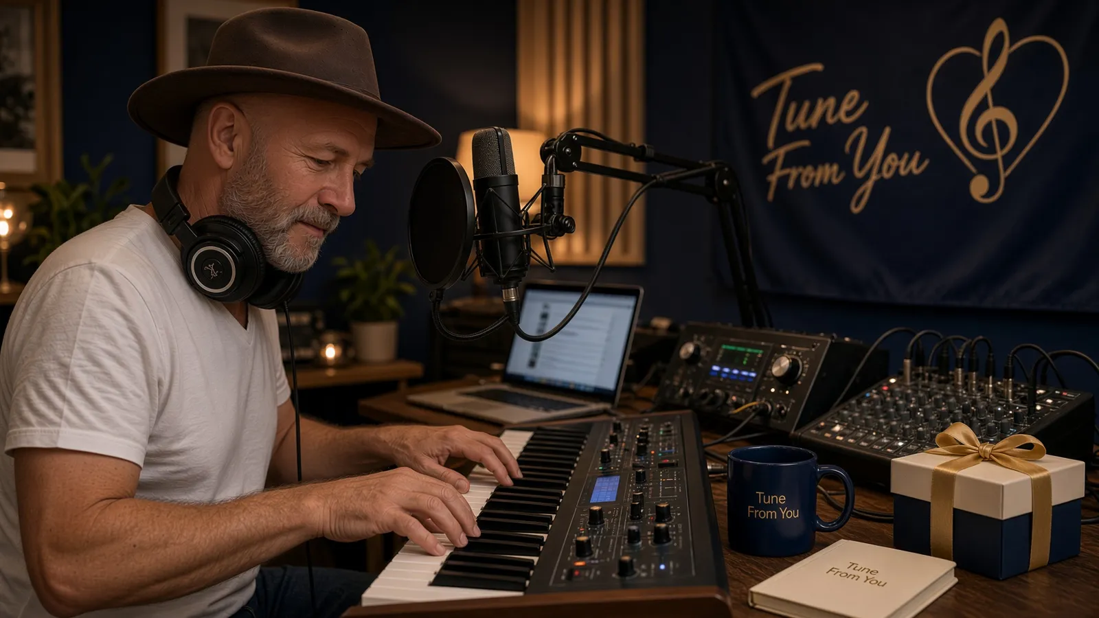 Jamie, founder of Tune From You, at the keyboard in his studio