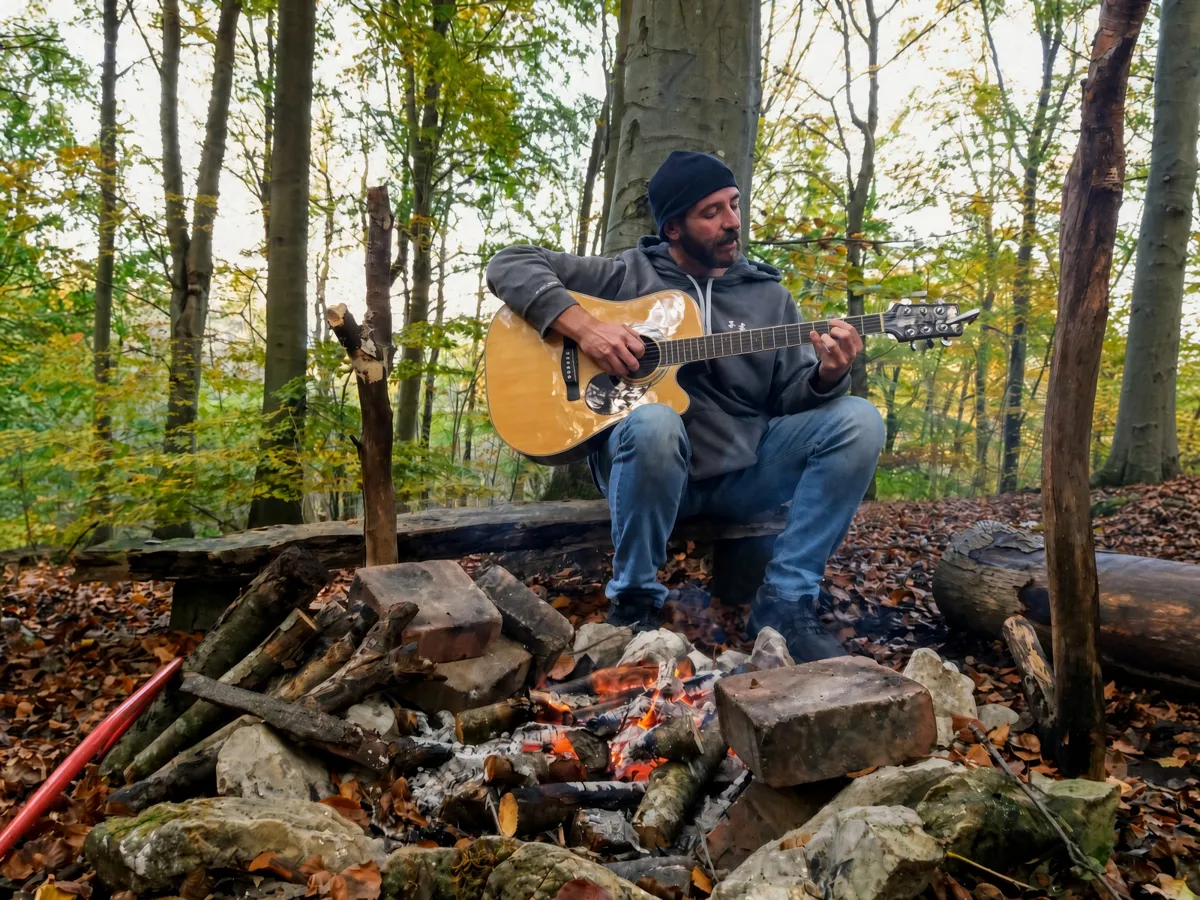 Jamie playing an acoustic guitar by a campfire in the woods