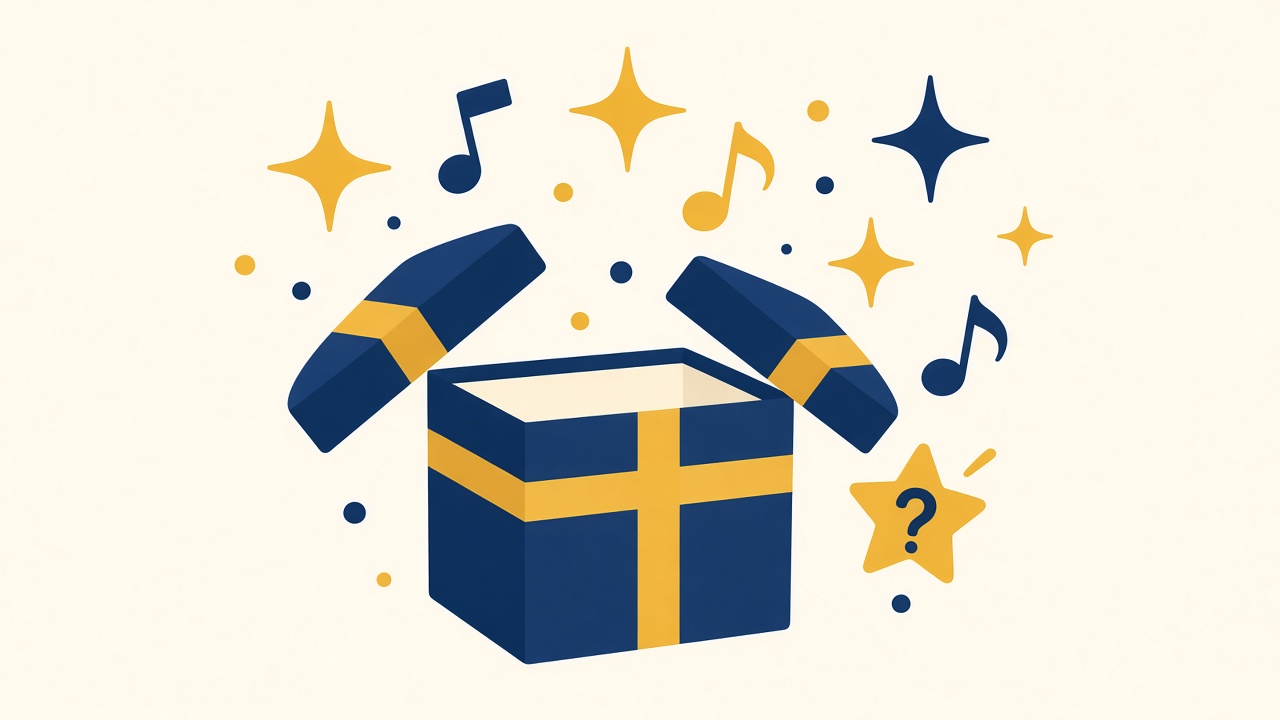 A gift box with music notes and a question mark