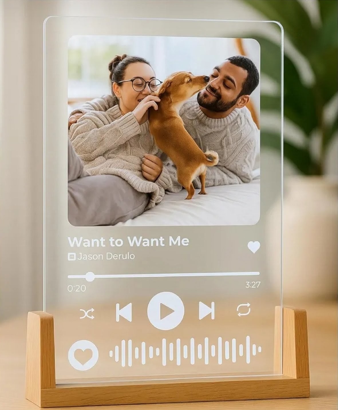 Personalised A5 acrylic song plaque with photo, white player-style artwork and wooden stand