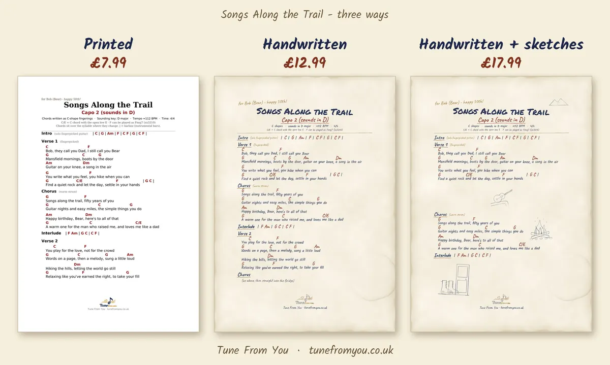 Chord and lyric sheets in plain, handwritten, and handwritten with pictures