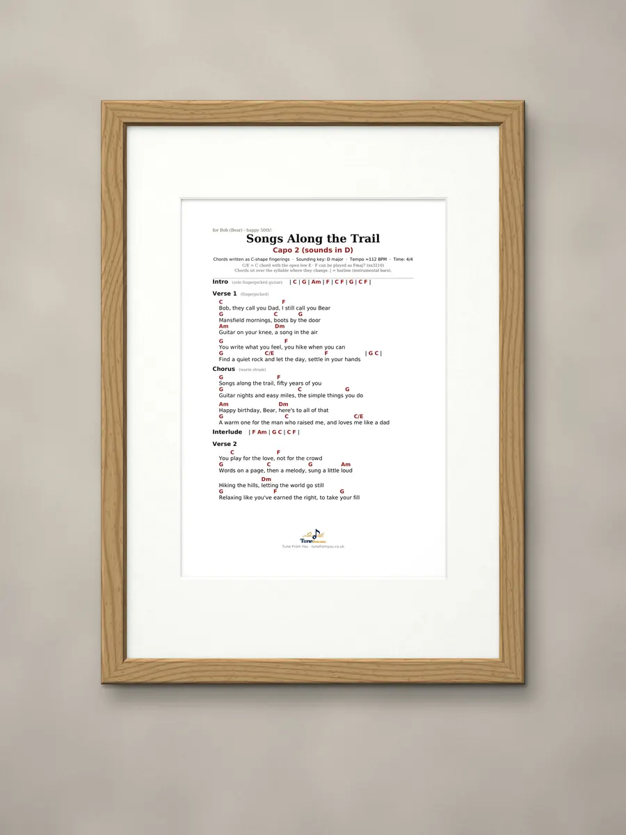 Printed chord sheet in a natural oak frame