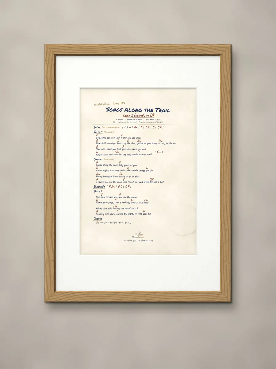 Handwritten chord sheet in a natural oak frame