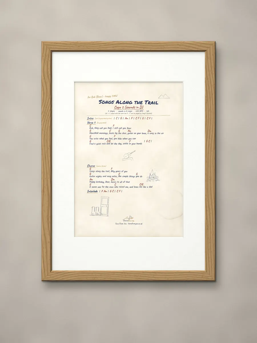 Handwritten chord and lyric sheet with sketches, in a natural oak frame
