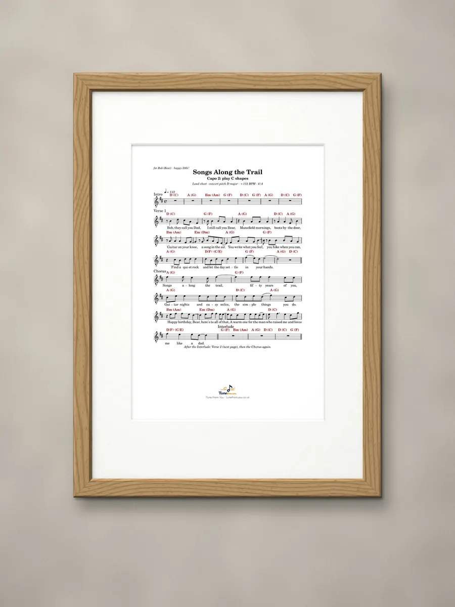 Printed notation sheet in a natural oak frame