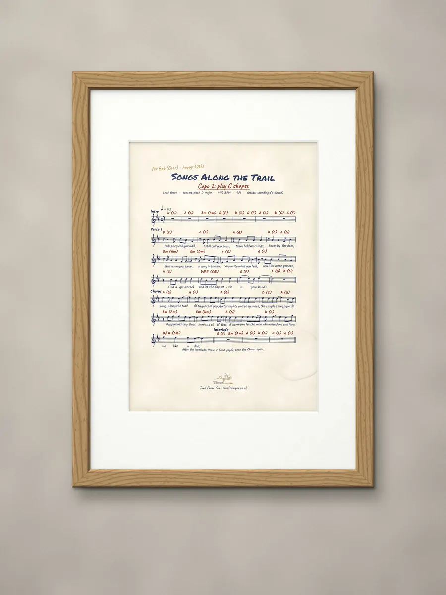 Handwritten notation sheet in a natural oak frame
