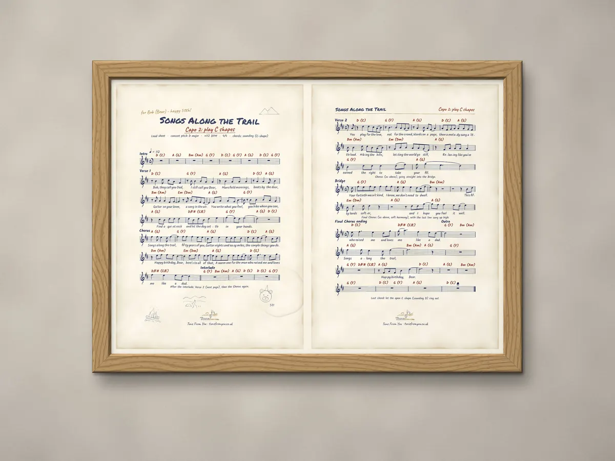 Two-page notation lead sheet in one landscape natural oak frame