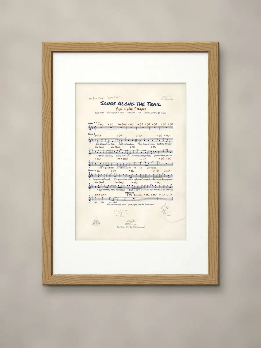 Handwritten notation sheet with pictures, in a natural oak frame
