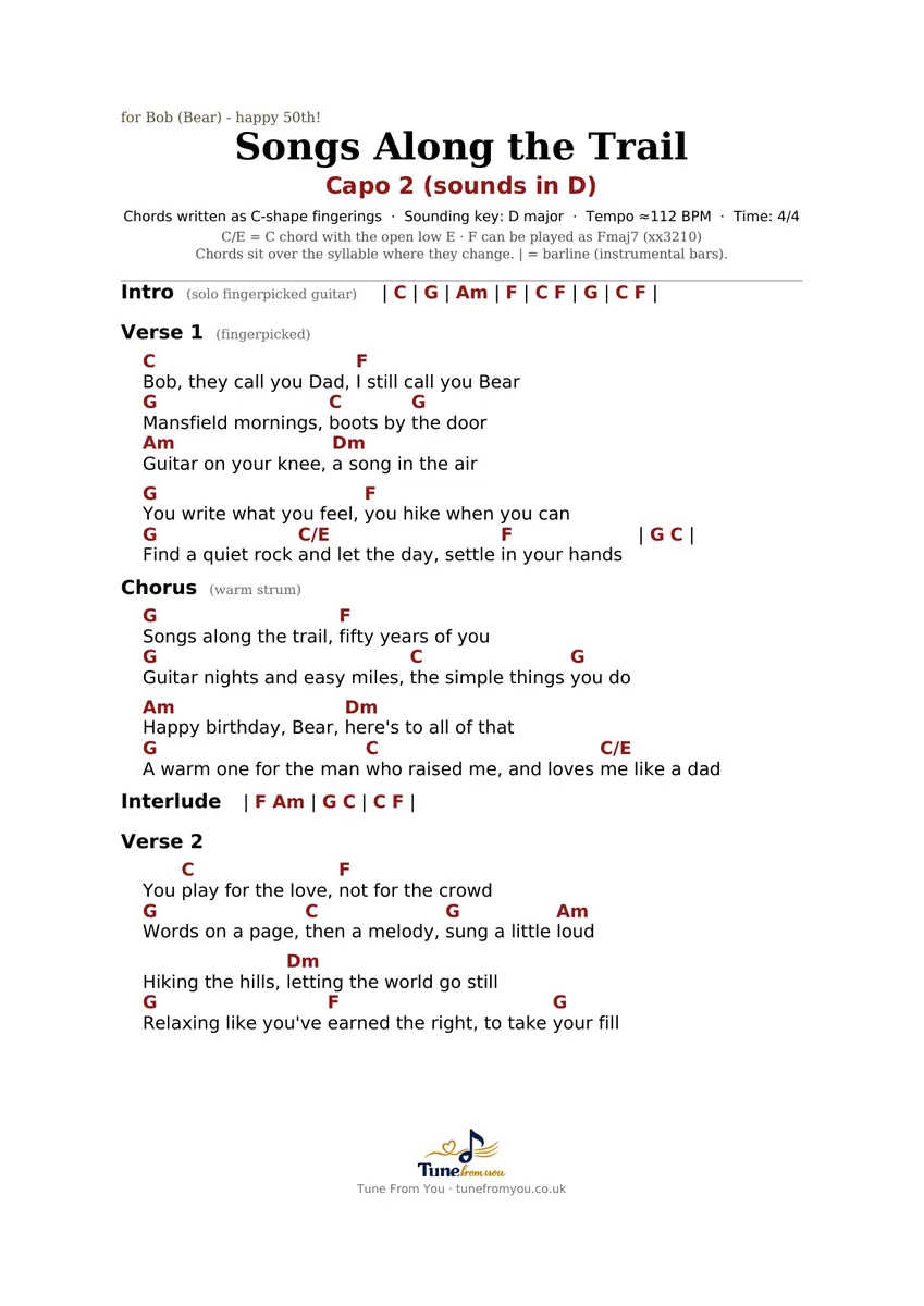 Printed chord and lyric sheet