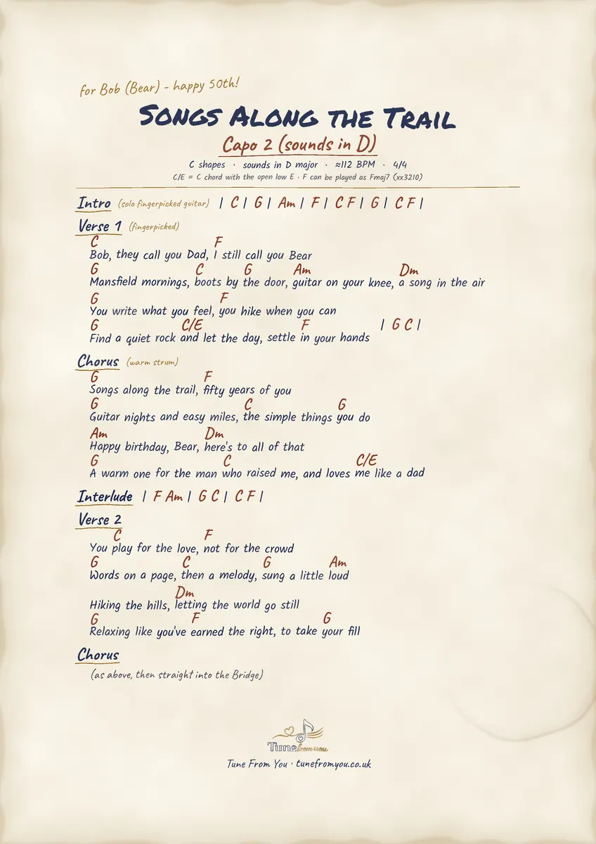 Handwritten chord and lyric sheet