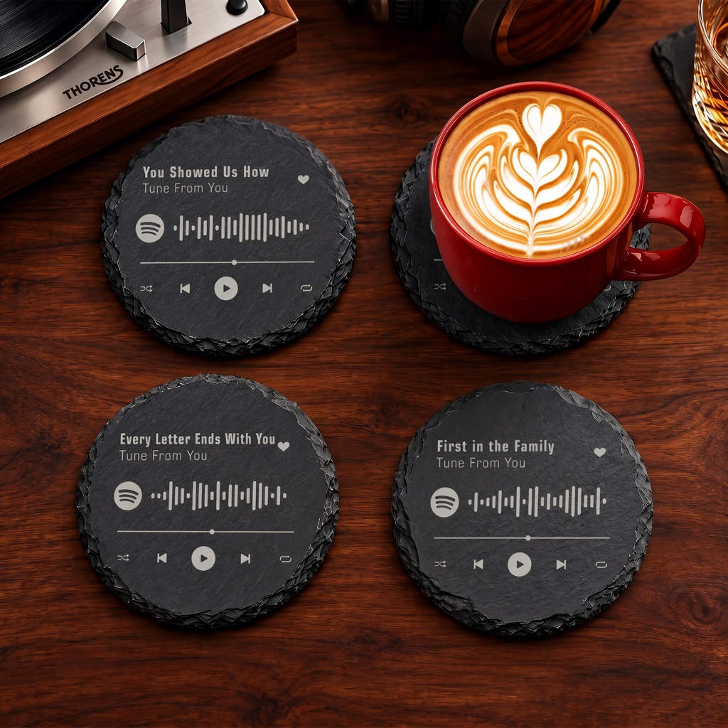 Round slate coasters engraved with a music-player design, song title and Spotify code