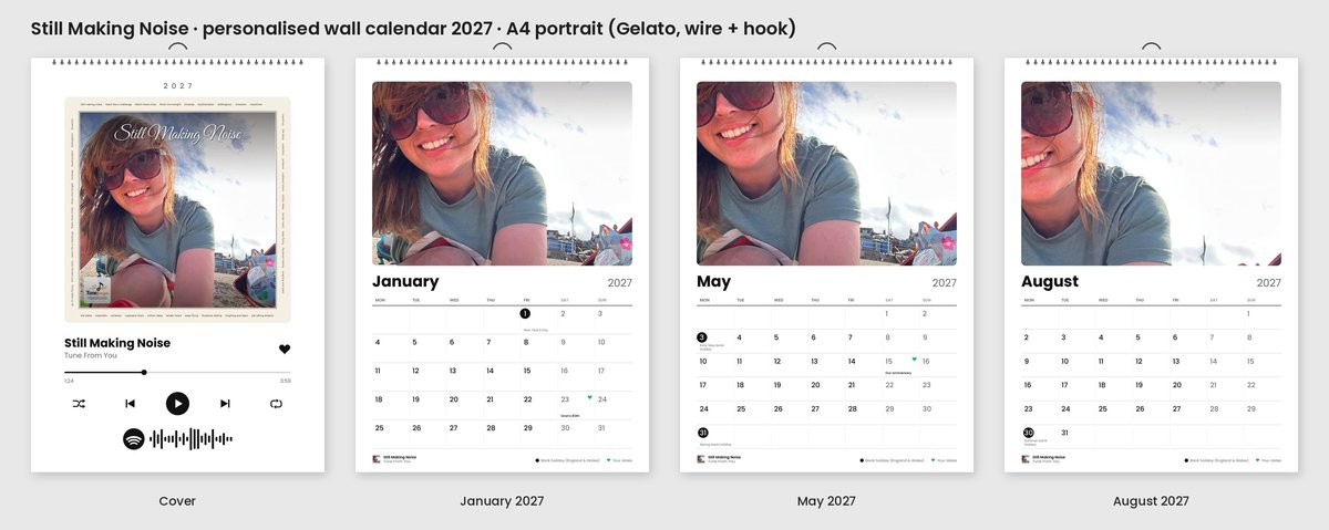 Contact sheet of a personalised Song Calendar: cover with Spotify code and sample month pages