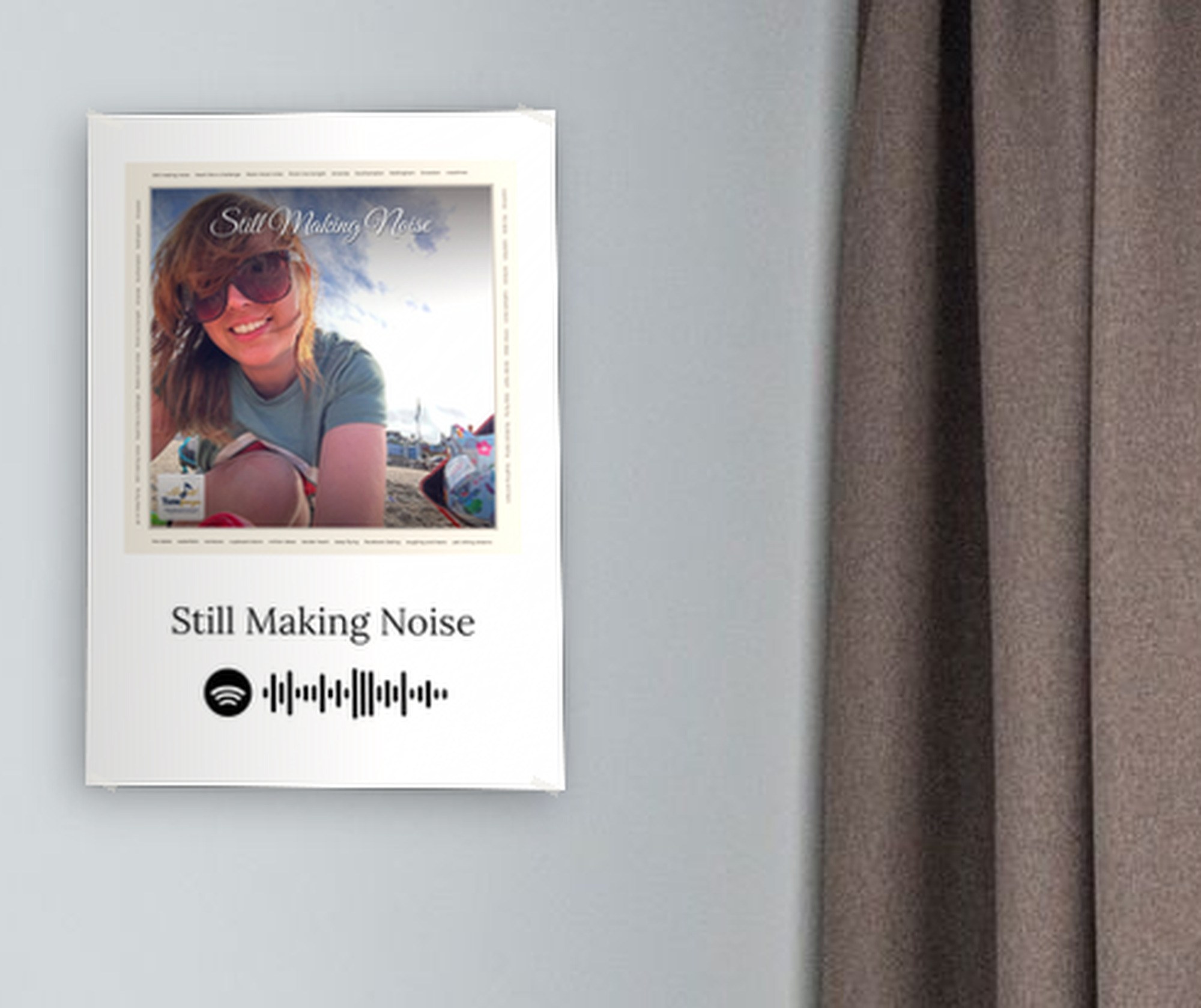 Personalised song poster on a wall: the song's cover artwork with the title and a Spotify scan code underneath