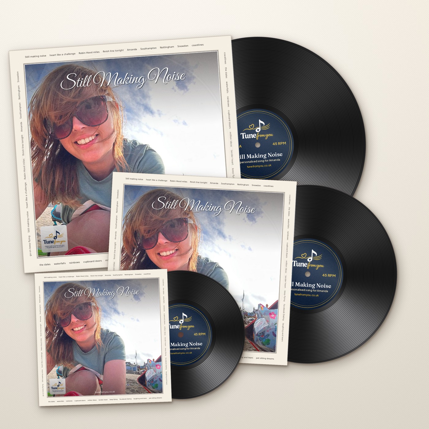 Personalised vinyl record of a song in 7, 10 and 12 inch sizes, each with a printed picture sleeve showing the cover artwork