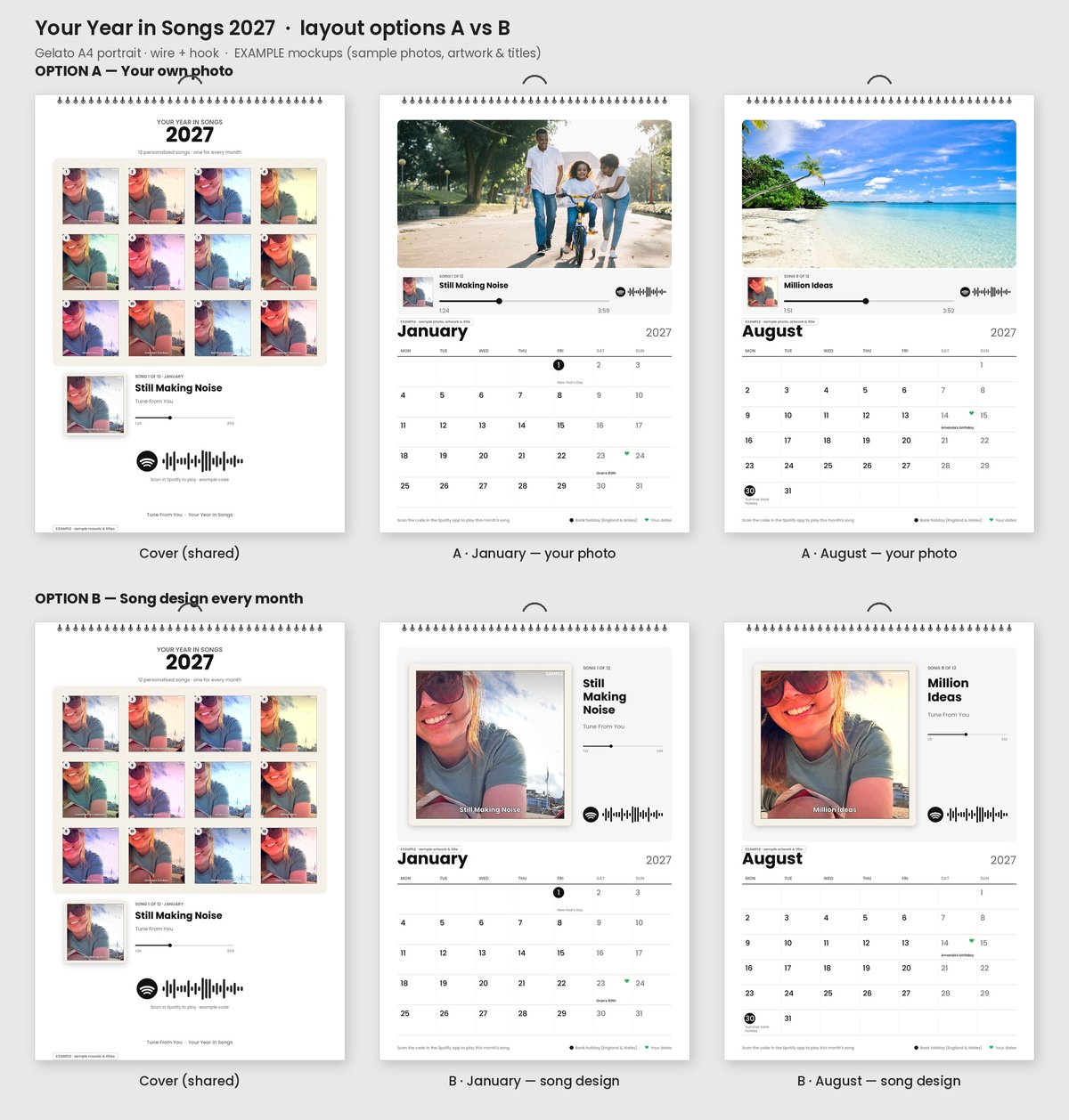 Your Year in Songs calendar options: photo months and song-design months side by side