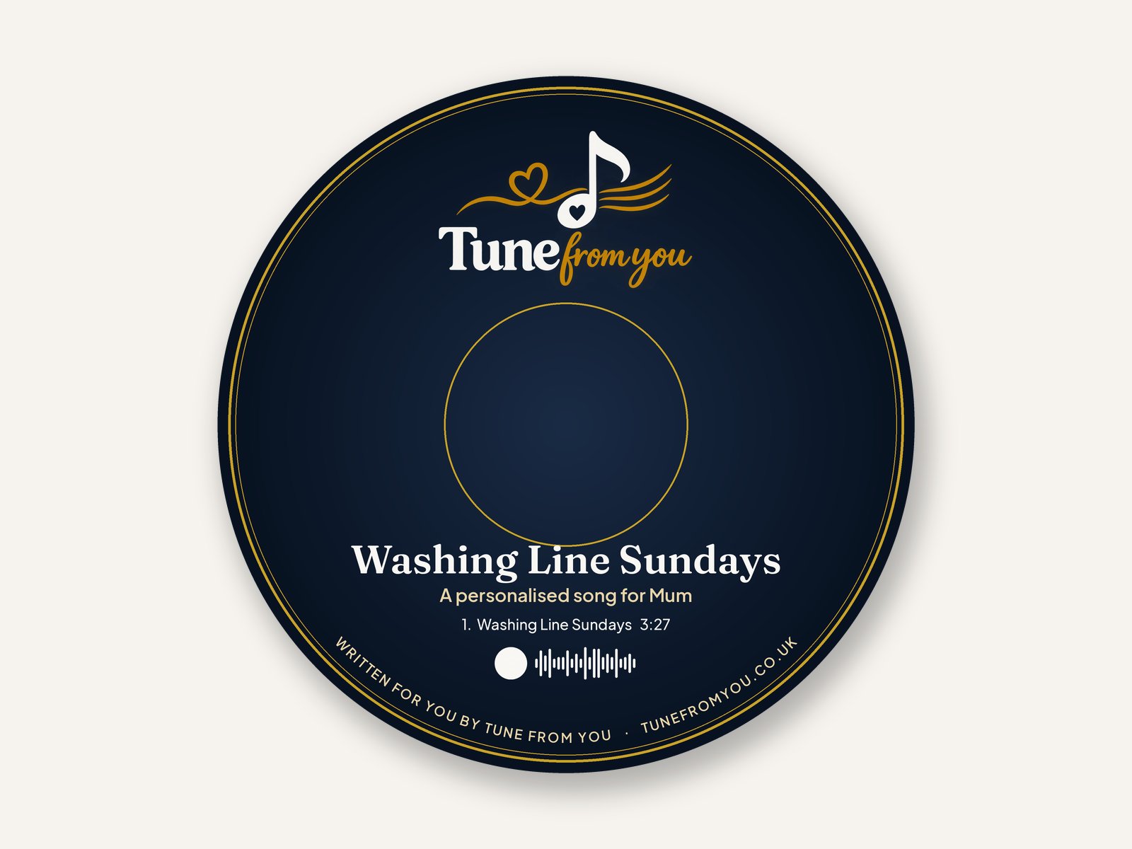 Navy and gold Tune From You disc on a plain background, printed Washing Line Sundays, a song for Mum