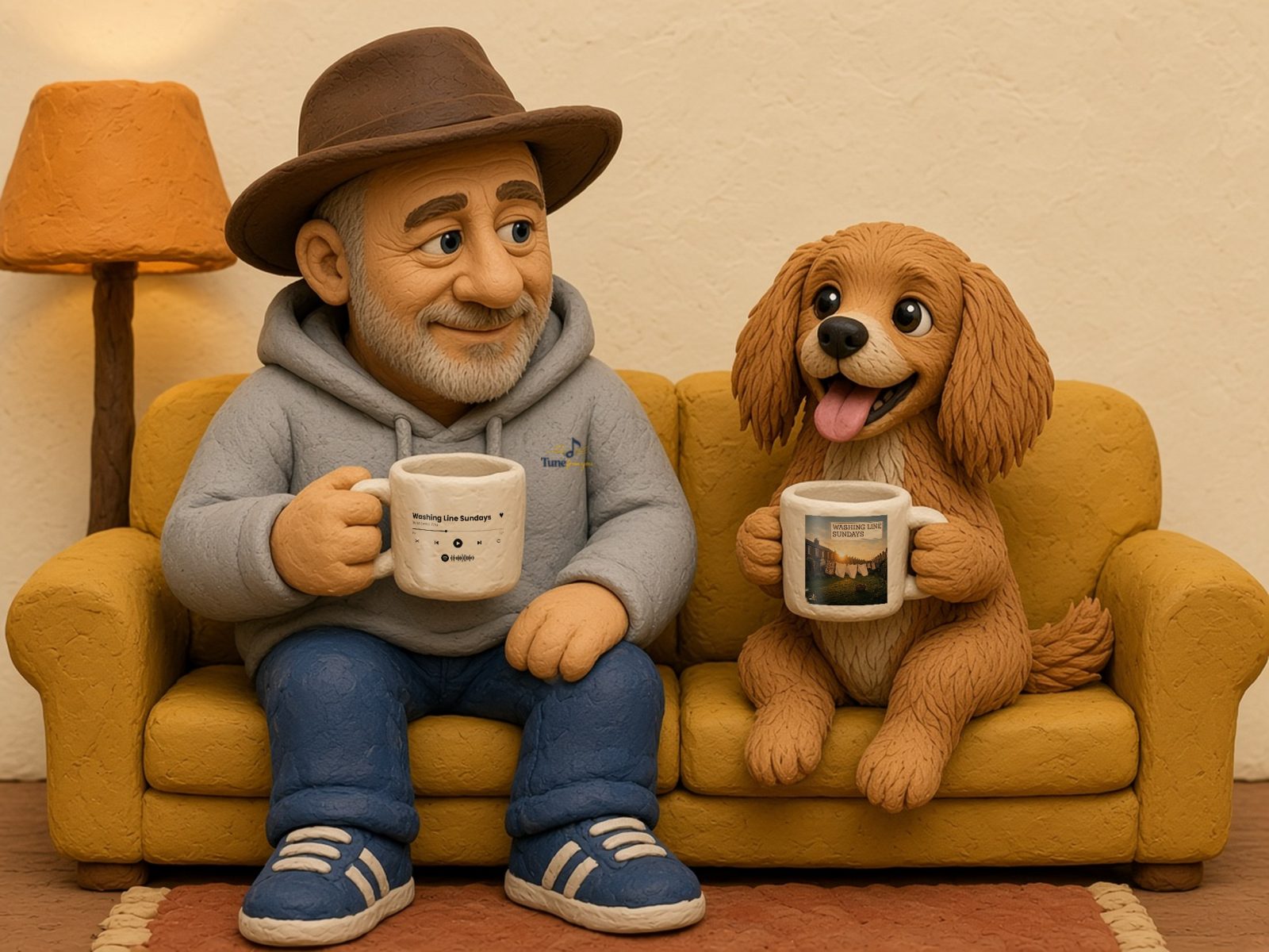 Personalised song mugs on a sofa: one printed with a music player for Washing Line Sundays, the other with the song cover