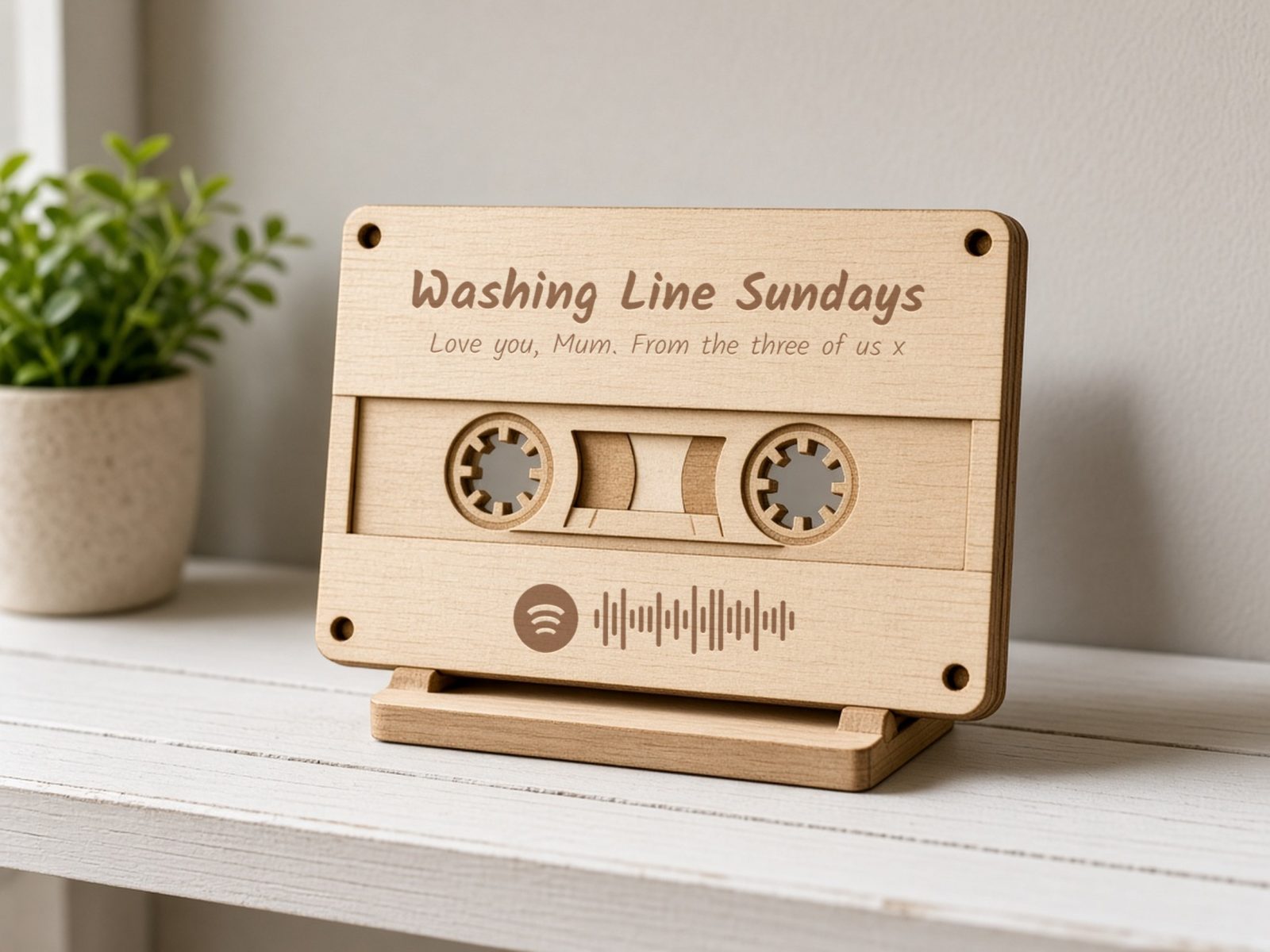 Wooden mixtape plaque on a stand, engraved Washing Line Sundays, a message to Mum, and a Spotify code