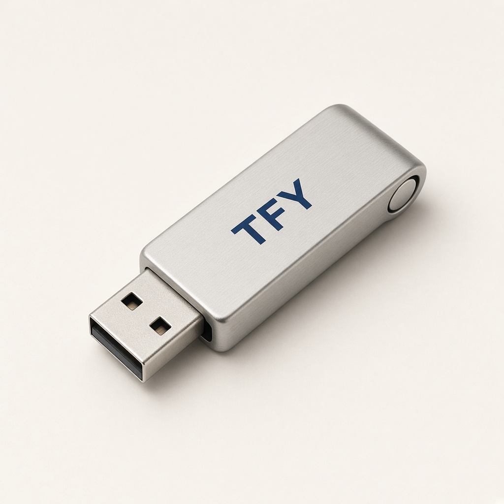 Silver USB stick printed with TFY